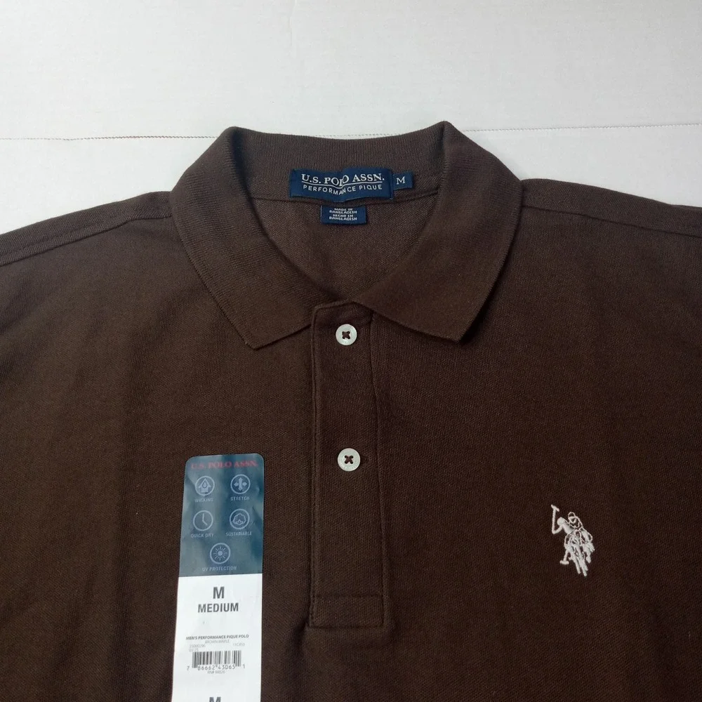 U.S. Polo Assn Performance Pique Polo Shirt Men's Size M Medium Brown Stretch